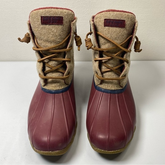 Sperry Saltwater Wool duck boots sz 8 Rubber Side Zip Fleece Lined red tan - Picture 9 of 9